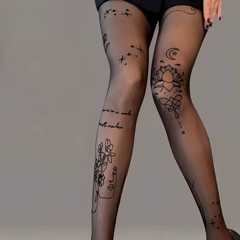 Collants sexy à motifs floraux et lettres, en soie transparente et respirante, taille haute, élastiques, pour usage quotidien, pour femmes