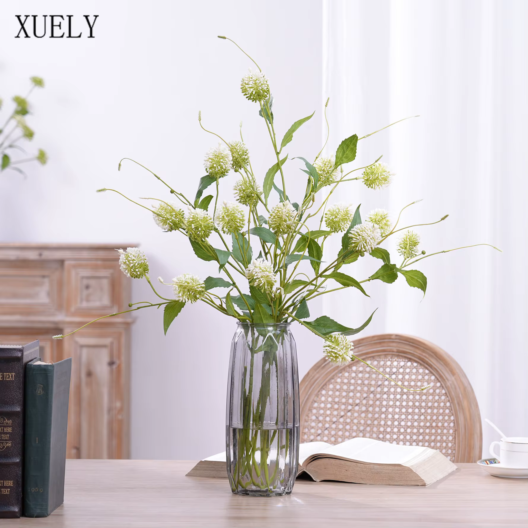 X1015 Branche Artificielle Plante Verte Chrysanthème Fleur Blanche Décoration de Table Maison Vase Composition Florale