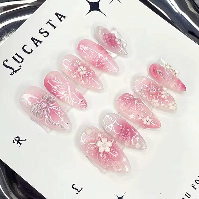 30 pièces fleurs rouges imprimé presse sur ongles français amande rose Blush faux ongles conseils portable réutilisable INS mode faux ongles