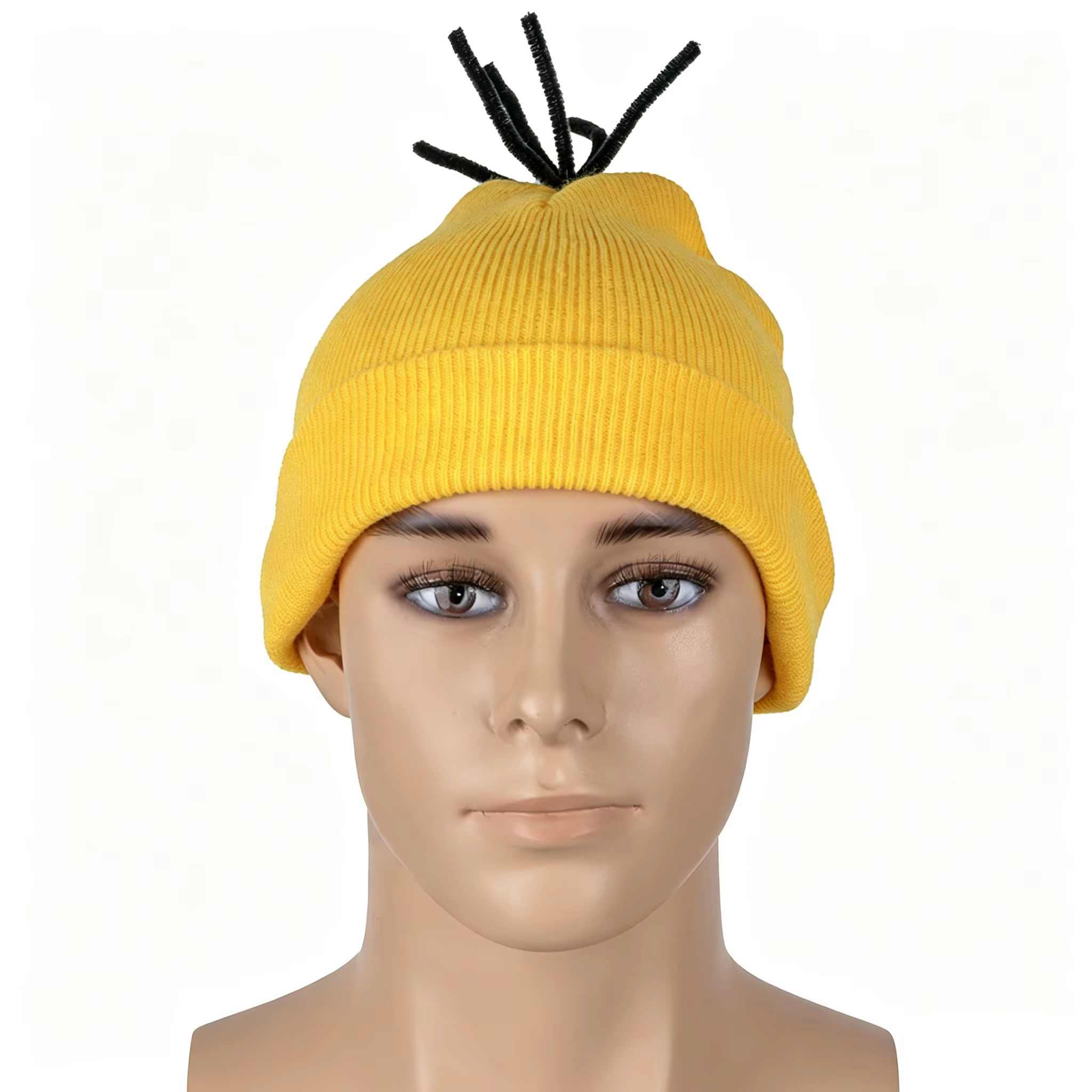 Kit d'accessoires de cosplay d'Halloween pour adultes : bonnet tricoté jaune, lunettes à monture ronde, bretelles bleues, gants noirs, boutons décoratifs pour fête