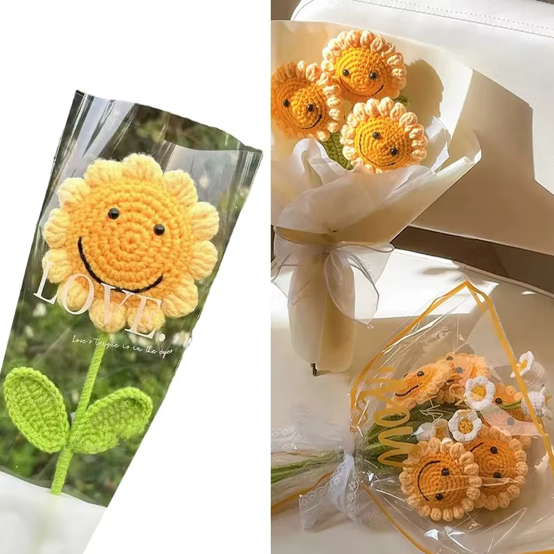 Bouquet de tournesol au crochet en laine fait à la main – 1 branche unique avec visage souriant