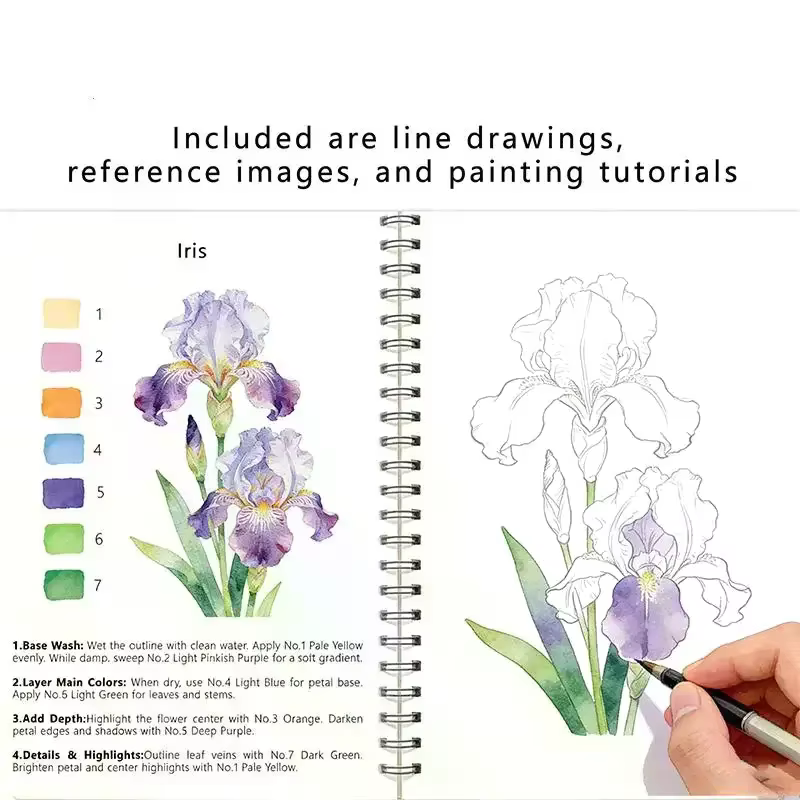 Cahier d'exercices de fleurs en aquarelle à spirale, papier épais, guides faciles pour les débutants, pratique artistique quotidienne