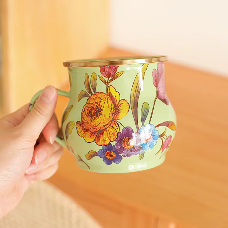 Tasse à eau en émail français rétro, tasse à fleurs en émail, tasse à café peinte, tasse à thé, Vase de 550ML, décoration de la maison, cadeau artisanal