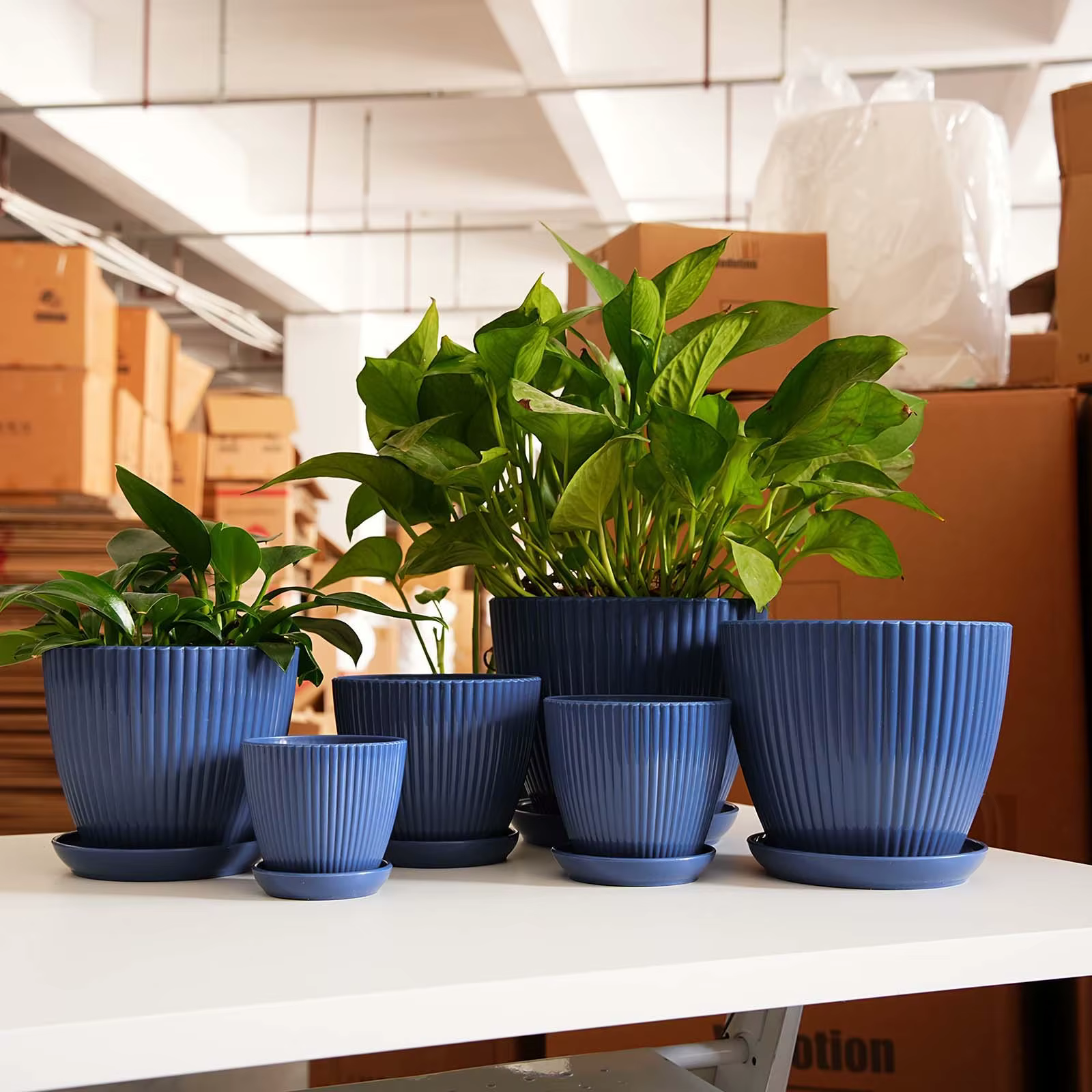 Pot de fleurs à rayures verticales en plastique épaissi avec soucoupe de drainage
