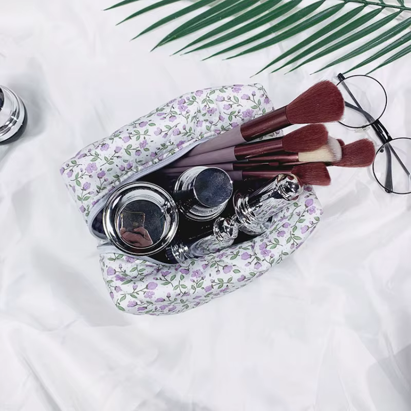 Organisateur de rangement, sac de maquillage matelassé bouffant à fleurs, pochette à cosmétiques imprimée de fleurs, grand sac à cosmétiques de voyage, accessoire de maquillage