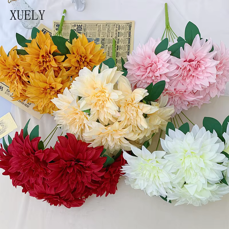 Bouquet de 10 têtes de dahlias artificiels en soie