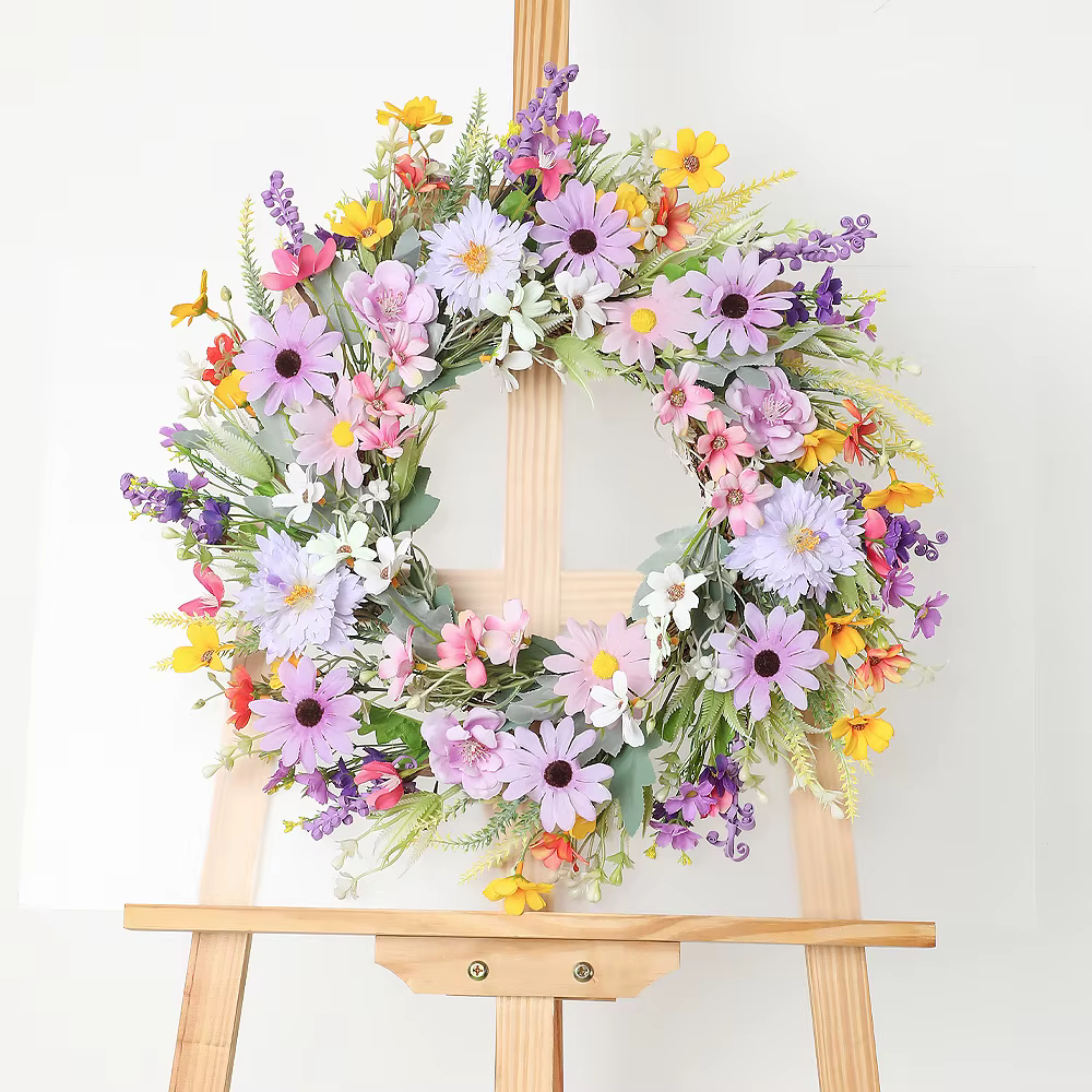 Couronnes de printemps aux fleurs sauvages éclatantes pour porte d'entrée