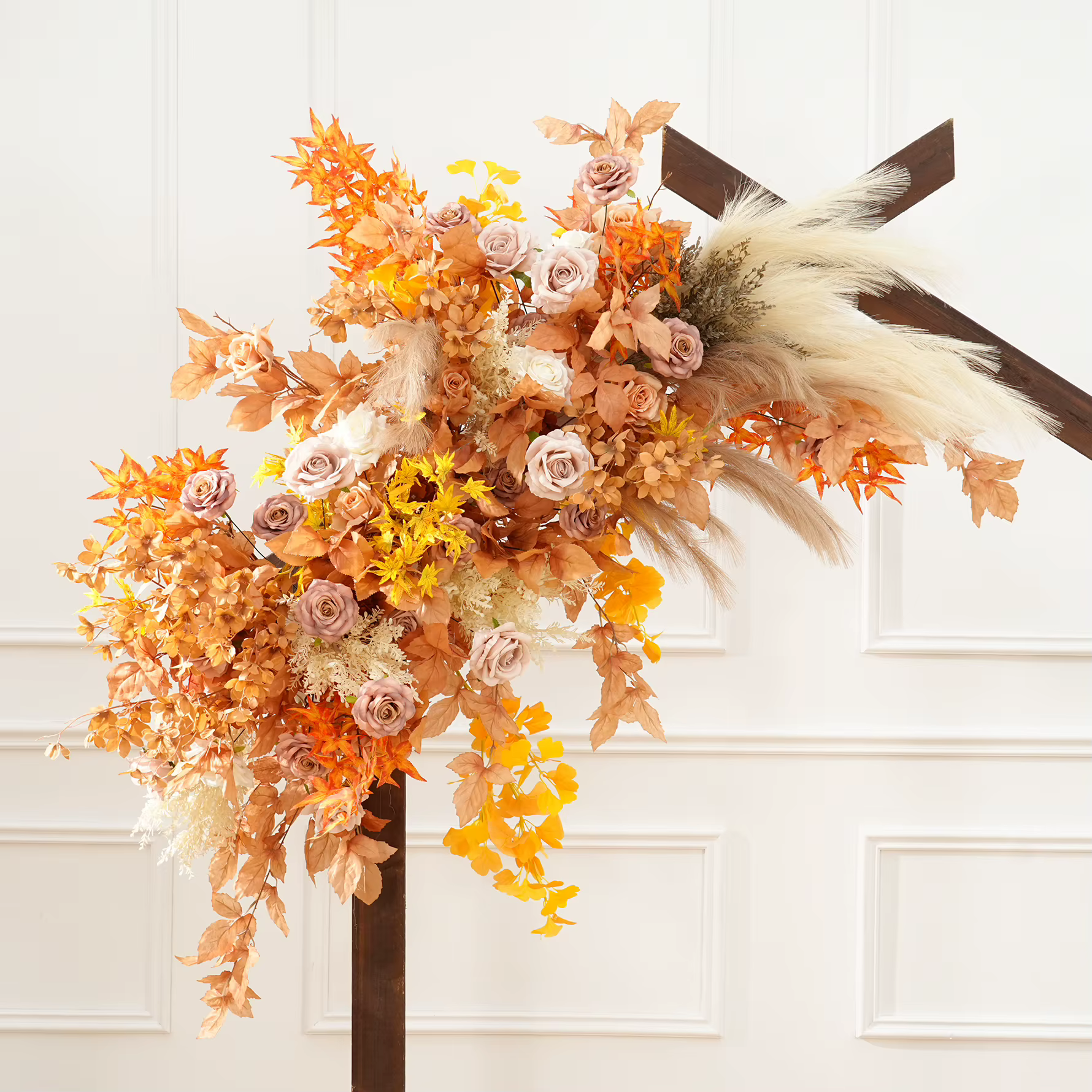 C8985 automne café Rose Pampas herbe feuilles accrocher Arrangement Floral mariage toile de fond décor allée fleur florale Photo fournitures