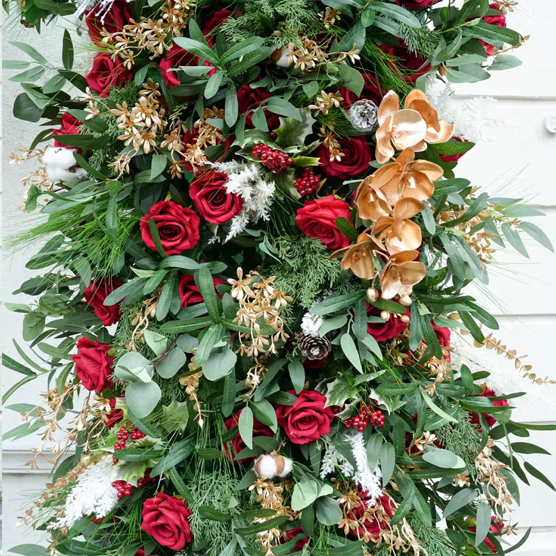 Série de noël Rose rouge vert tissu Base fleur rangée décor mariage toile de fond cadre événement fête scène Arrangement Floral H8777