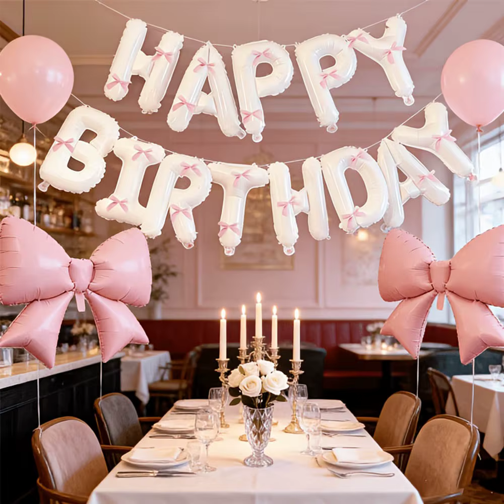 Ballon d'anniversaire rose avec nœud, ballon lettre Joyeux Anniversaire avec ruban rose pour décoration de mariage, Saint-Valentin, anniversaire, demande en mariage