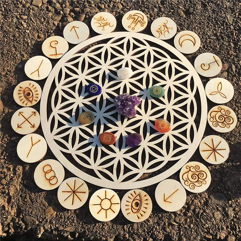 Planche à grille en bois et cristal, fleur de vie, Chakra géométrique sacré, décoration murale artistique, décoration spirituelle pour la maison, pour le Yoga/Méditation