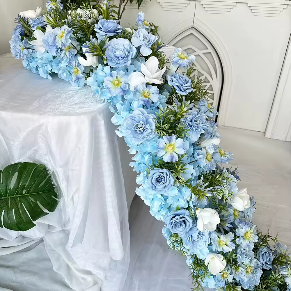Uflower 200cm Chemin de table en fleurs artificielles bleues élégantes, fond de scène artificiel pour mariage, fête, décoration de la maison