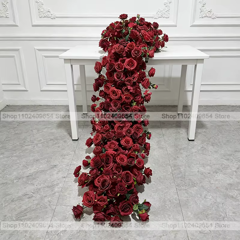 200/50cm Guirlande de fleurs artificielles de roses blanches de luxe pour centre de table de mariage