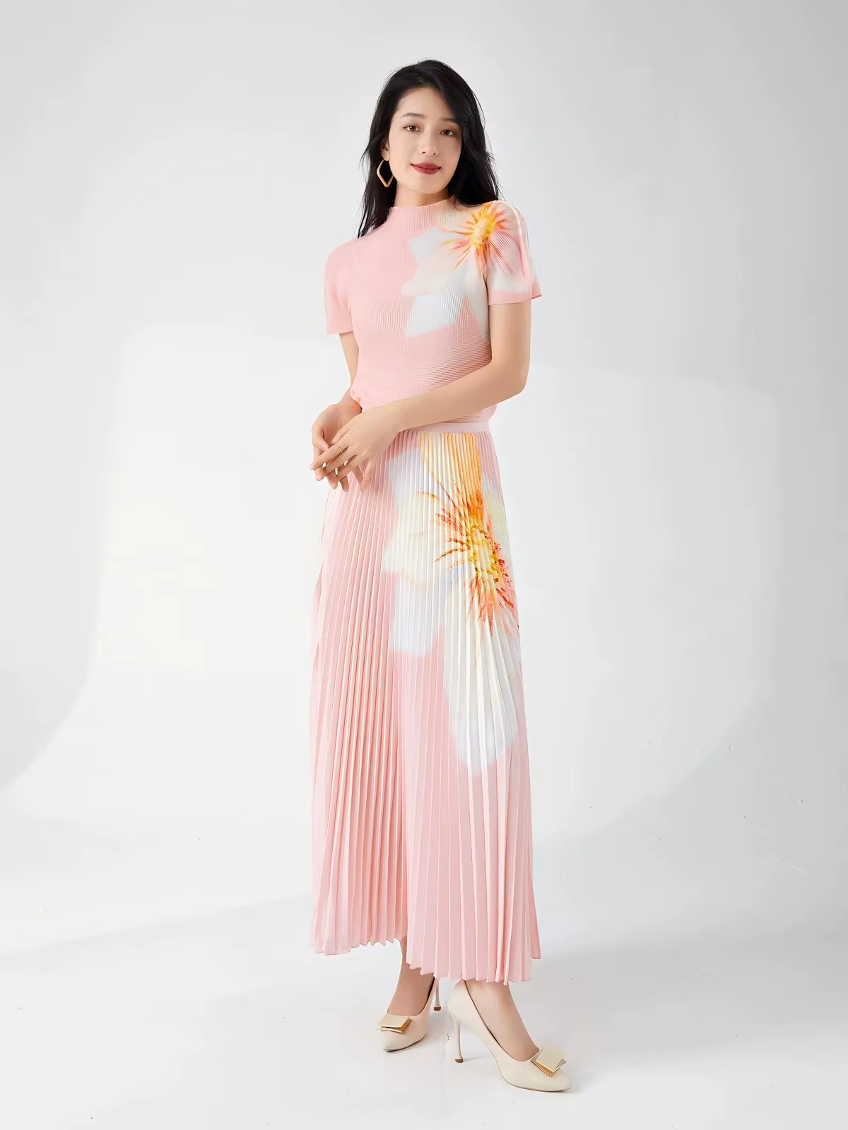 Haut élégant à imprimé floral pour femmes haut de gamme, nouveau style printemps/été, ensemble jupe deux pièces sophistiqué.