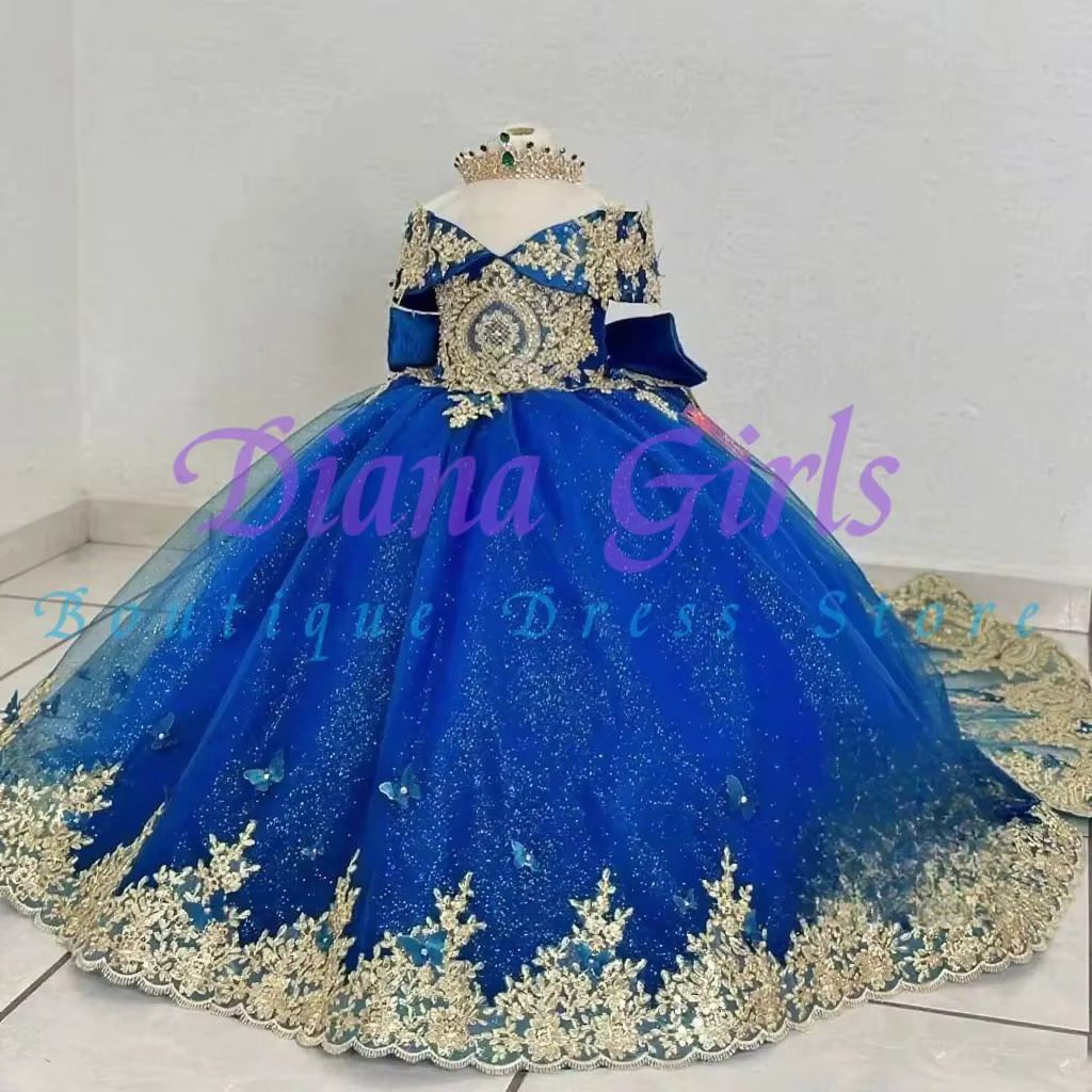 Robe de soirée en tulle moelleux pour petite fille, robe de demoiselle d'honneur verte, appliques dorées, fête d'anniversaire, robe personnalisée, qualité magnifique