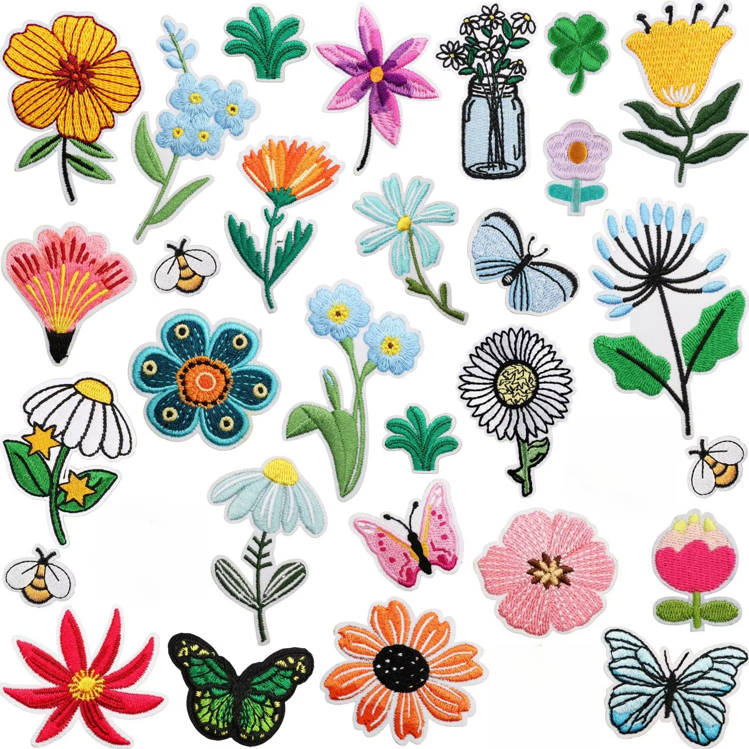 Différentes fleurs appliquées pour chemise robe bricolage dessin animé herbe abeille papillon fer sur patchs petits pièces de couture en tissu