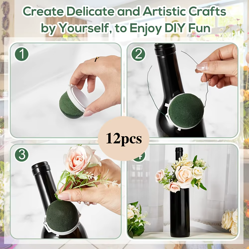 12 boules de mousse florale verte avec base
