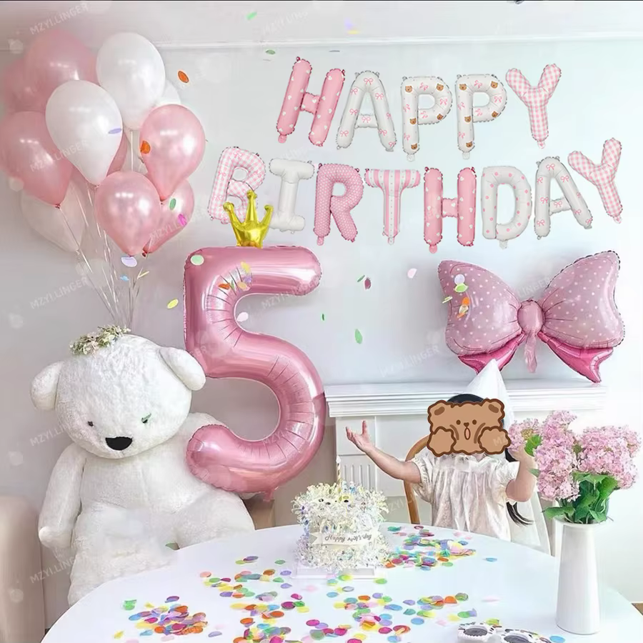 Ensemble de ballons lettres Joyeux Anniversaire roses, ballons imprimés roses, couronne de ballons, ballons numériques 0-9 pour la décoration de fête d'anniversaire