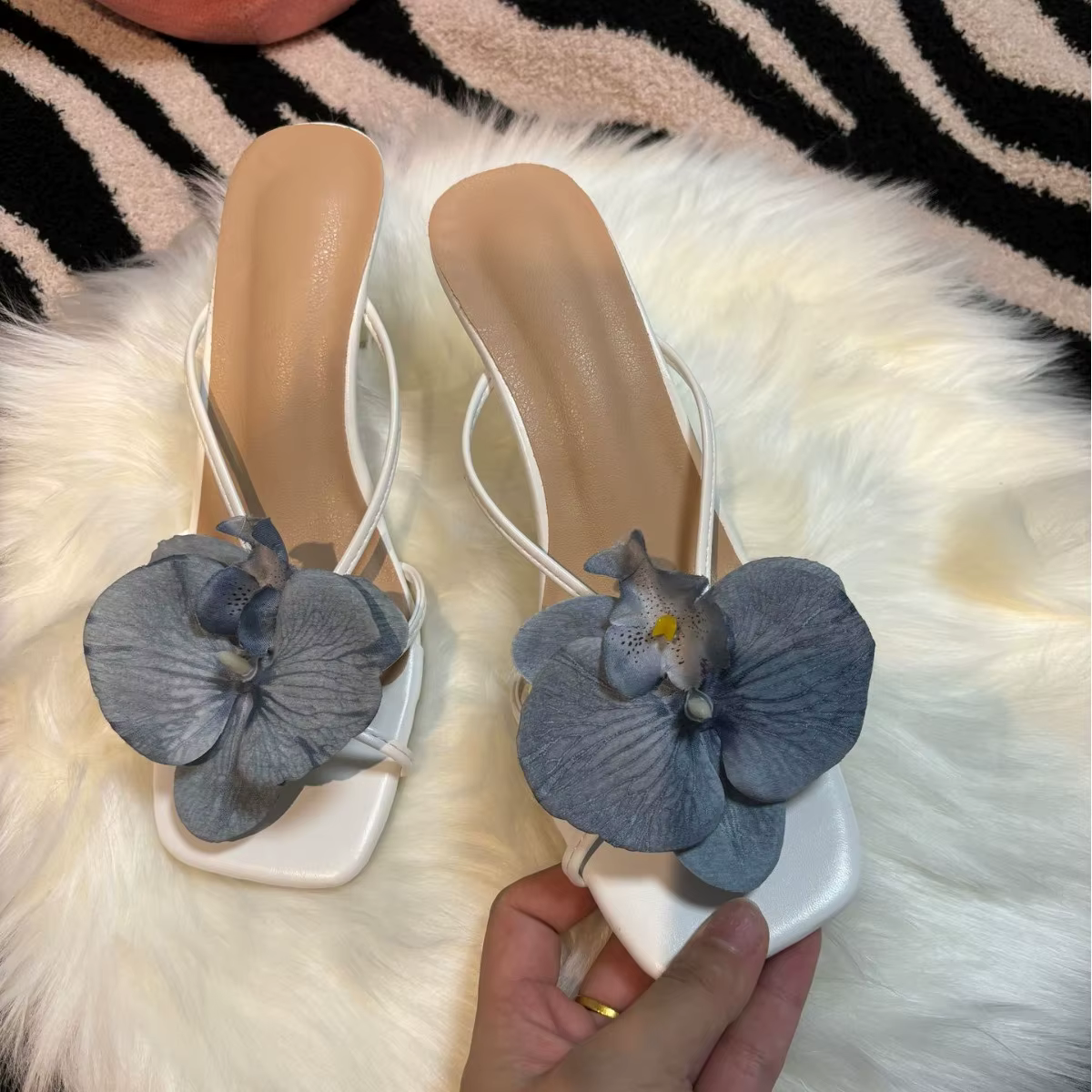 Orchid Flower-Talons hauts à fleurs pour femmes, blanc, rose, bleu, violet, floral, carré, Parker, pantoufle de Rh, chaussures à bride arrière pour femmes, été, nouveau