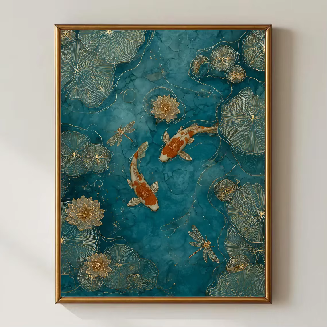 Art mural élégant avec poissons koï – Décoration de bassin vert émeraude