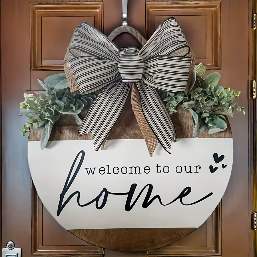 Panneau de bienvenue couronne de porte suspendue ronde en bois verdure plante feuilles maison chambre mur Art café