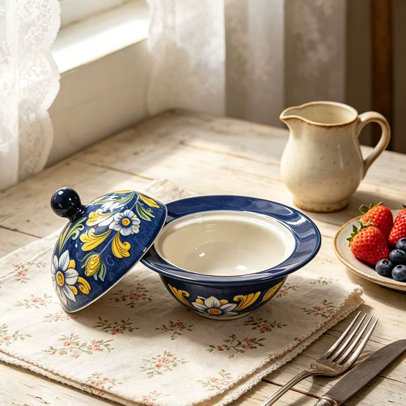 Bol en céramique créatif avec couvercle, style rétro européen, résistant aux hautes températures, couleur sous-glaçure, vaisselle pour dessert et pot à ragoût