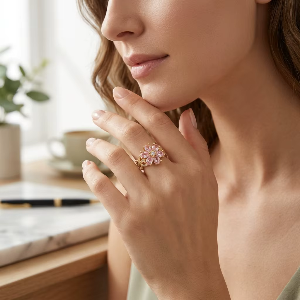 Ensemble de bagues ouvertes réglables en forme de fleur rose avec pierres en zircone cubique pour un usage quotidien et pour les fêtes, cadeau idéal pour les femmes