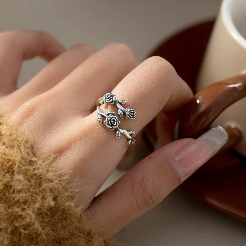 Bague Fleur Élégante en Argent Sterling 925 Buyee, Bague Ouverte Rose pour Femme et Homme, Bijoux Fins Tendance pour Couples, Cadeau Idéal