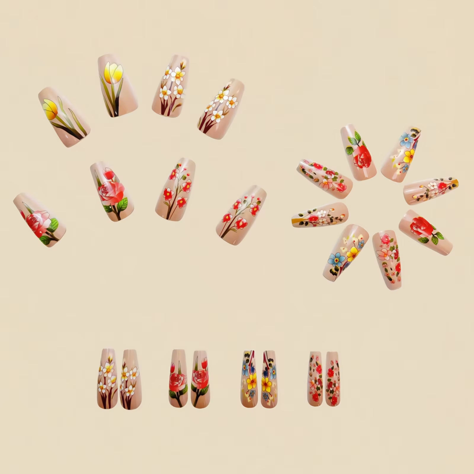 Faux ongles moyens pour femmes et filles, roses, rouges, jaunes, bleus, à motifs floraux, pour le printemps et l'été, forme ballerine, couvrance totale, ensemble d'ongles à presser.