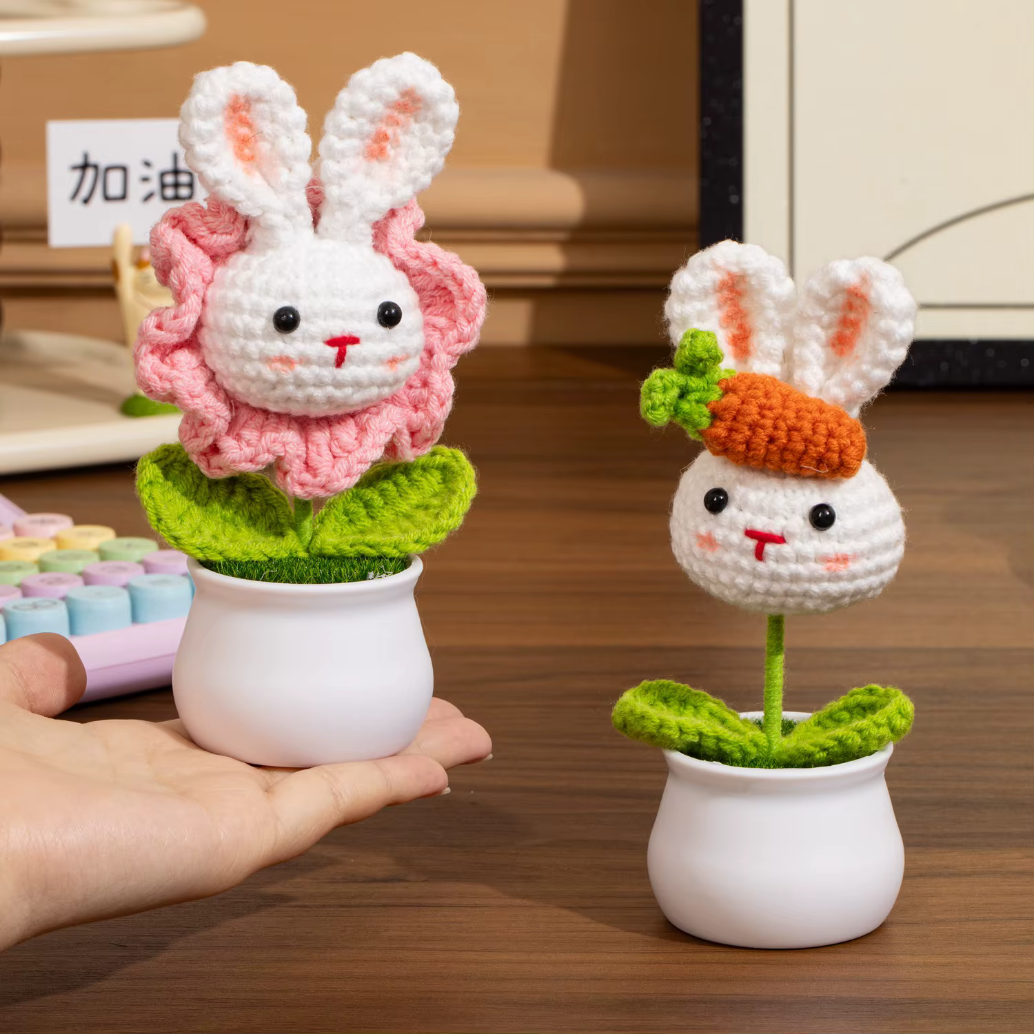 Lapin mignon tricoté fleurs en pot Animal Crochet fleur tissée