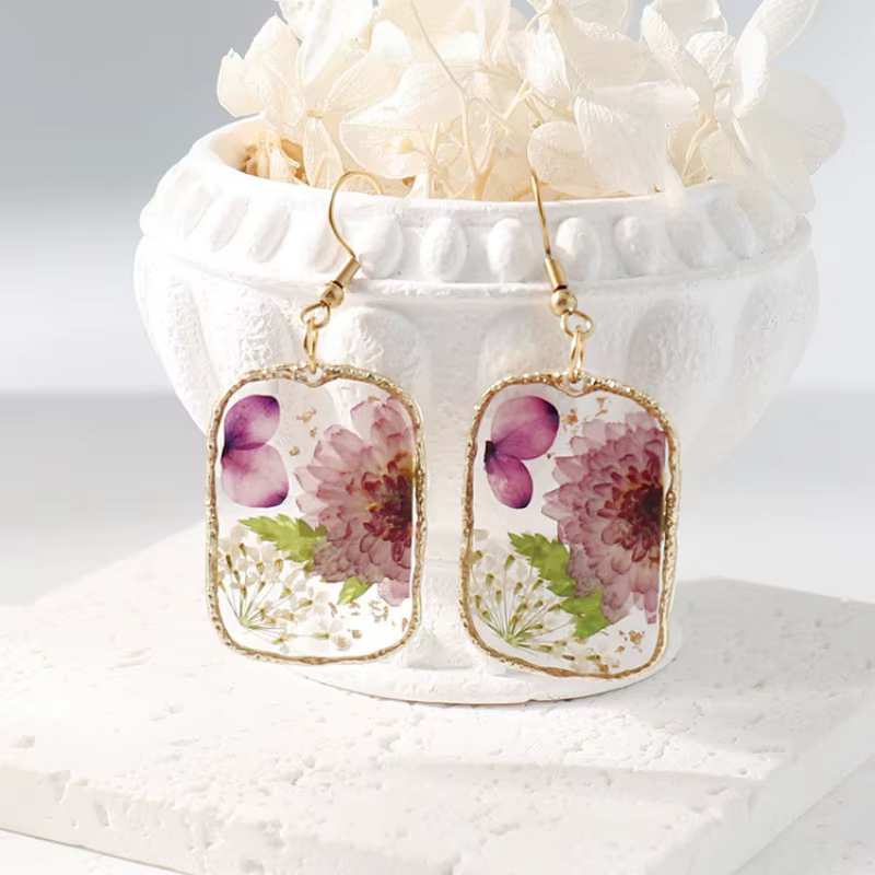 Boucles d'oreilles géométriques en résine époxy avec fleurs séchées, faites à la main, bijoux naturels personnalisés en gros