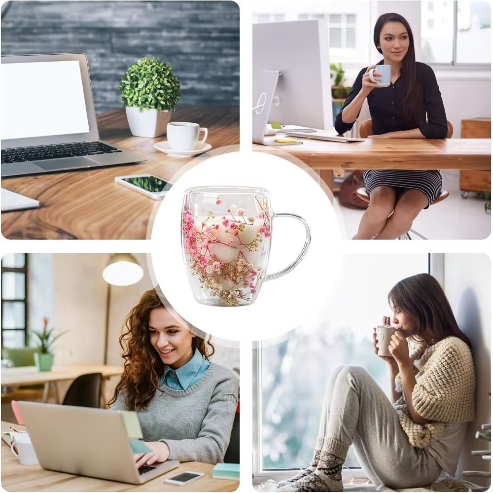 Tasse en verre à double paroi avec fleurs séchées