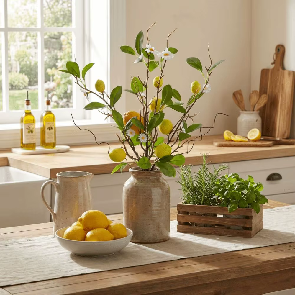 Branche de citron artificielle en plastique avec fleurs