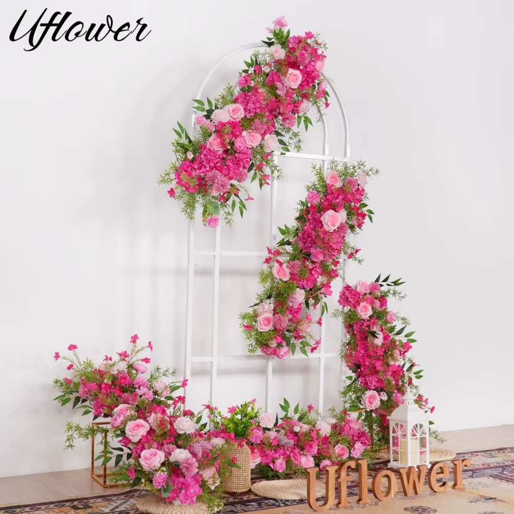 Uflower 100/200cm Guirlande de fleurs de roses rouges et d'hortensias pour centre de table