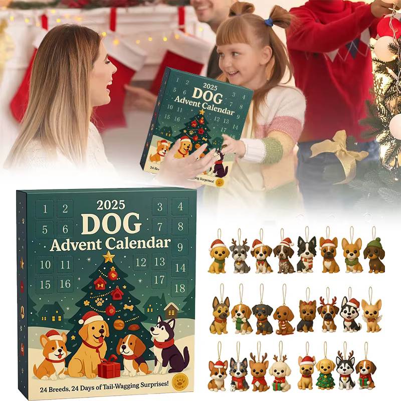 Calendrier de l'Avent pour chien, 2025 à 24 pièces, ornements de races festives 2D, calendrier de l'avent pour animaux de compagnie avec ornements réutilisables, idée pour l'amour des chiens