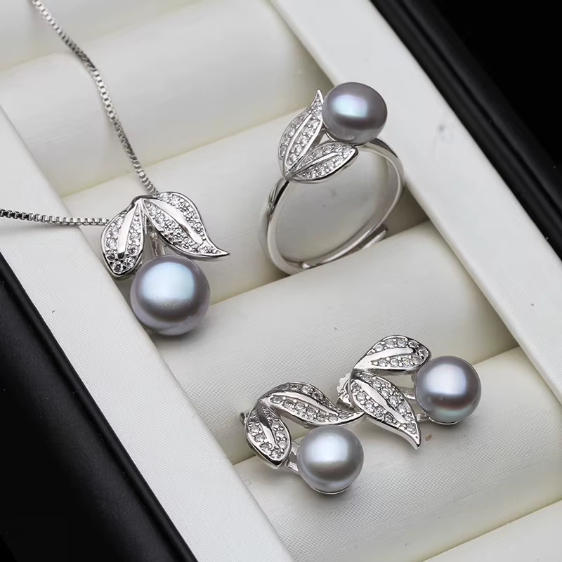 Véritable perle bague collier boucles d'oreilles pour les femmes, naturel d'eau douce blanc perle ensemble de bijoux 925 en argent Sterling ensembles de bijoux cadeau