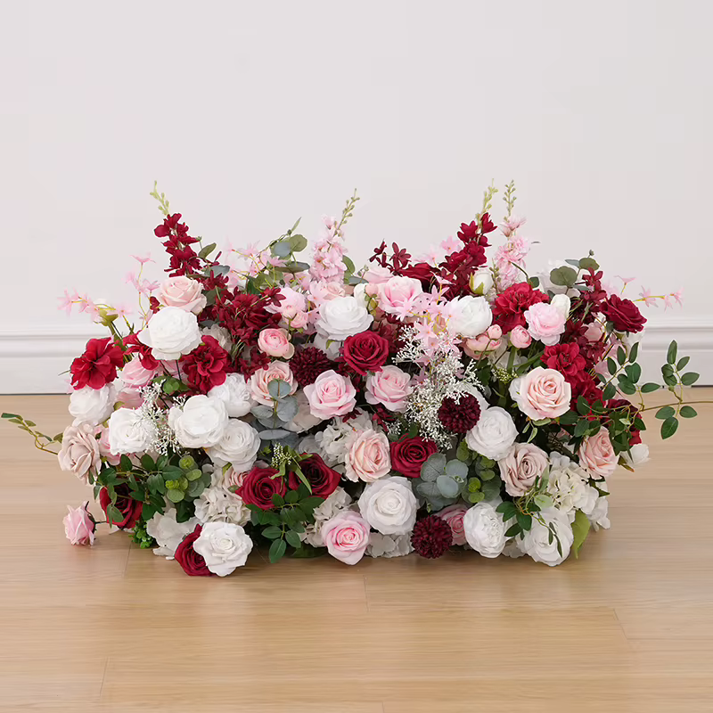 A8889 Haricots bordeaux Décor de rangée de fleurs vertes roses
