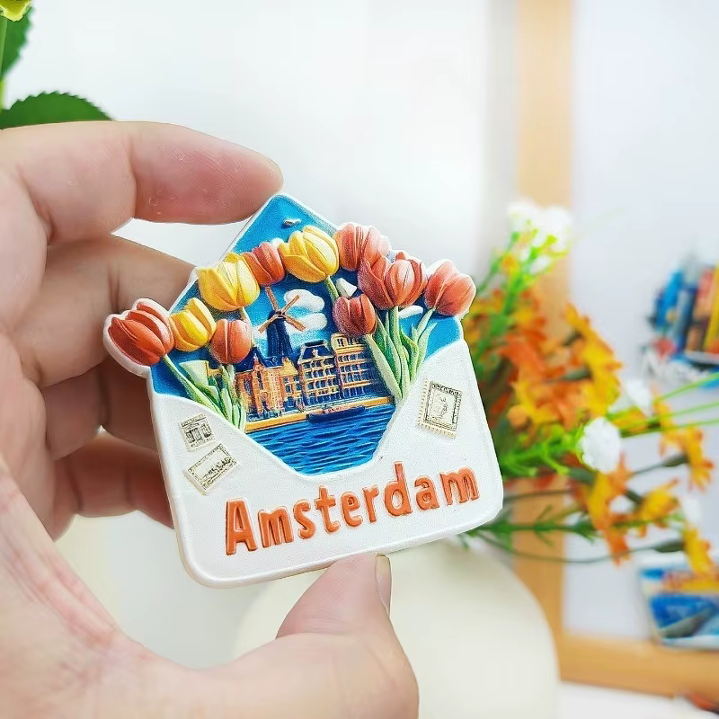Aimant de réfrigérateur à fleurs d'Amsterdam – Souvenir de tulipe néerlandaise 3D