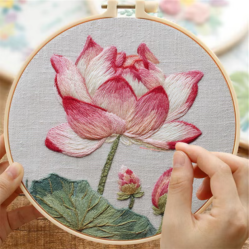 Kits de broderie DIY sur toile imprimée avec motif de fleur de lotus