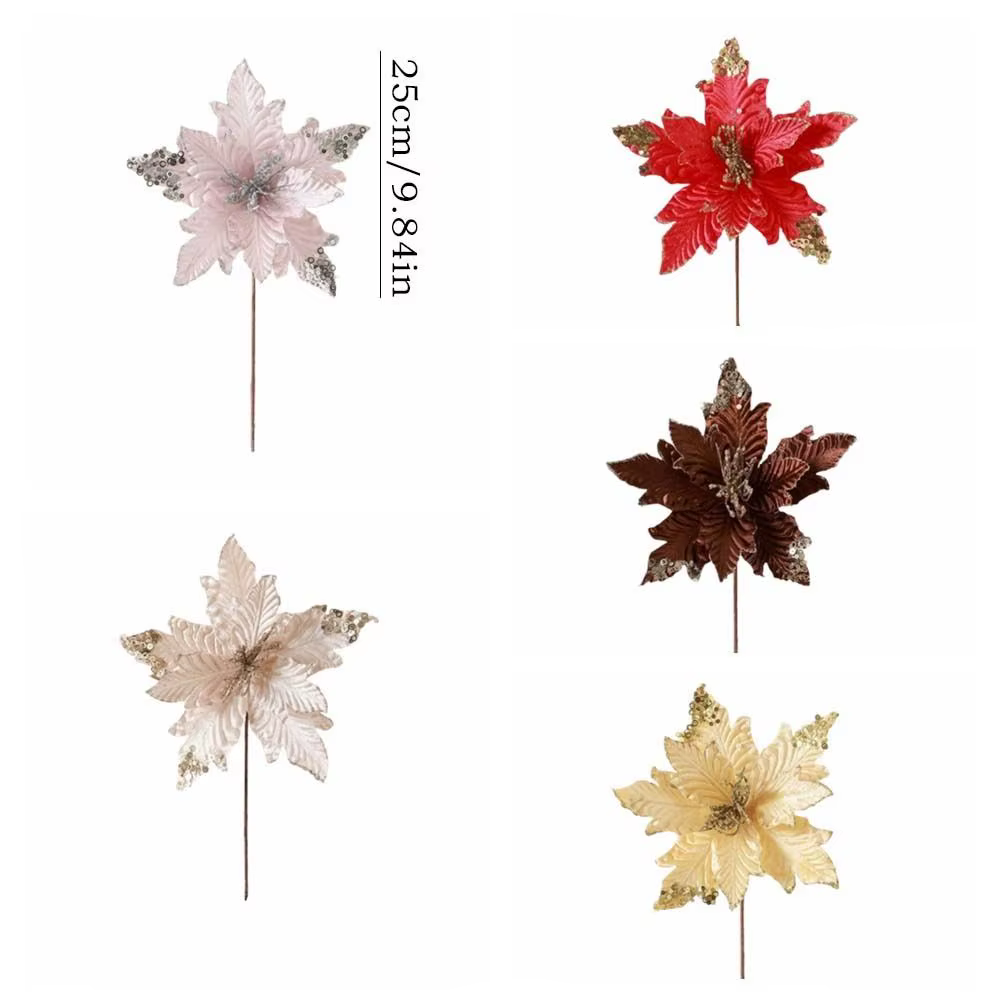 25 cm noël Poinsettia paillettes fleur grand flocage artificiel
