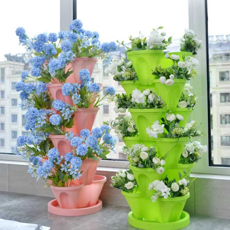 Nouvelle Jardinière Verticale Empilable en Plastique avec Roulettes Mobiles