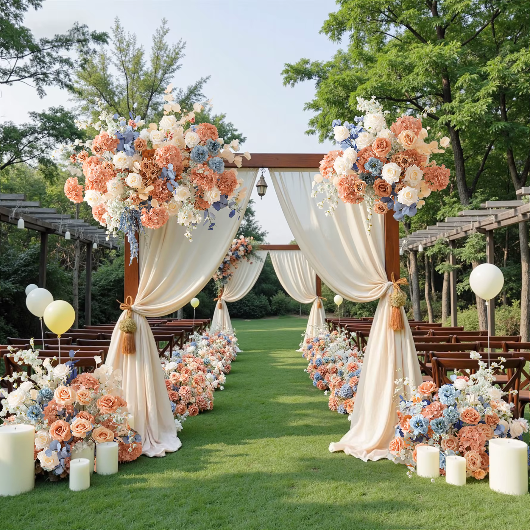 Angela Flower A9048 Arrangement Floral suspendu bleu Orange pour toile de fond de mariage passerelle allée sol fleur rangée fenêtre affichage
