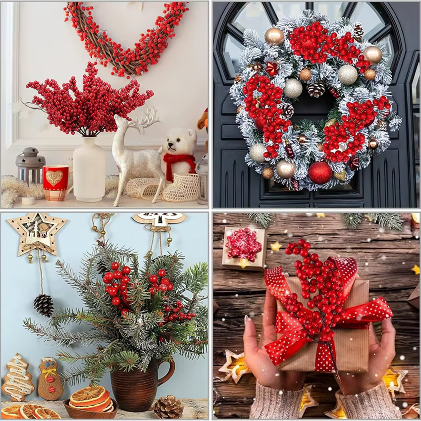 Plantes artificielles houx petit fruits rouges nouvel an arbre de noël décor de chambre à coucher couronne de mariage fleur bricolage cadeaux de prise de vue Photo
