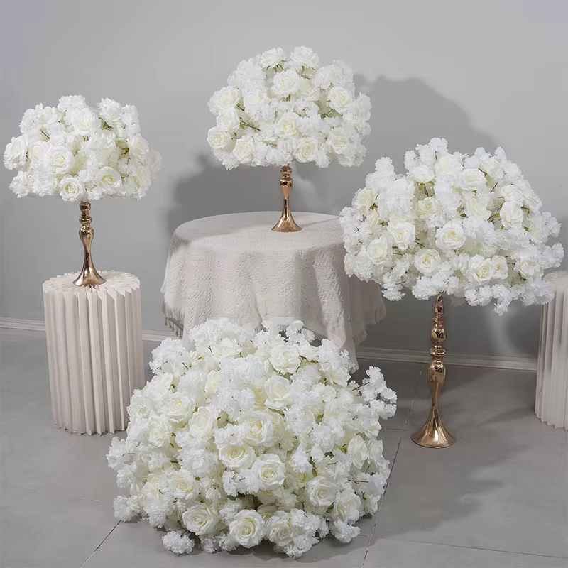 Boule de fleurs artificielles blanches de 80 cm en cerisier et roses pour décoration de table de mariage, porte-bougie, dîner de la Saint-Valentin