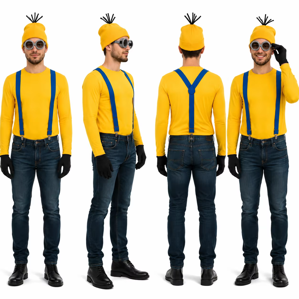 Kit d'accessoires de cosplay d'Halloween pour adultes : bonnet tricoté jaune, lunettes à monture ronde, bretelles bleues, gants noirs, boutons décoratifs pour fête