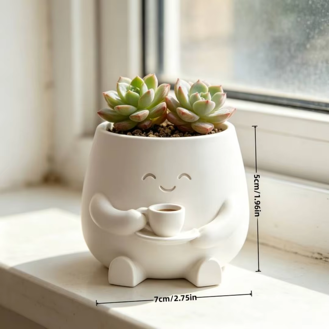 1PC Pot de fleurs succulentes en forme de tasse à café avec figurine souriante imprimée en 3D