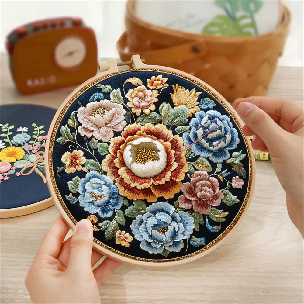 Kits de démarrage de broderie à motifs de fleurs florales avec motifs, Kit de broderie pour débutants, Kits de points de croix en tissu pour adultes, bricolage