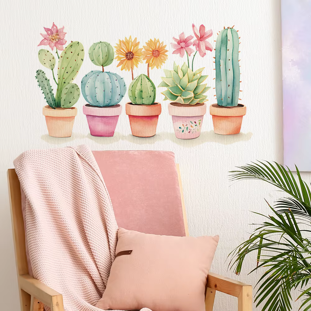 1 pièces dessin animé plante verte Cactus maison chambre salon fond décoration embellir pâte murale auto-adhésive