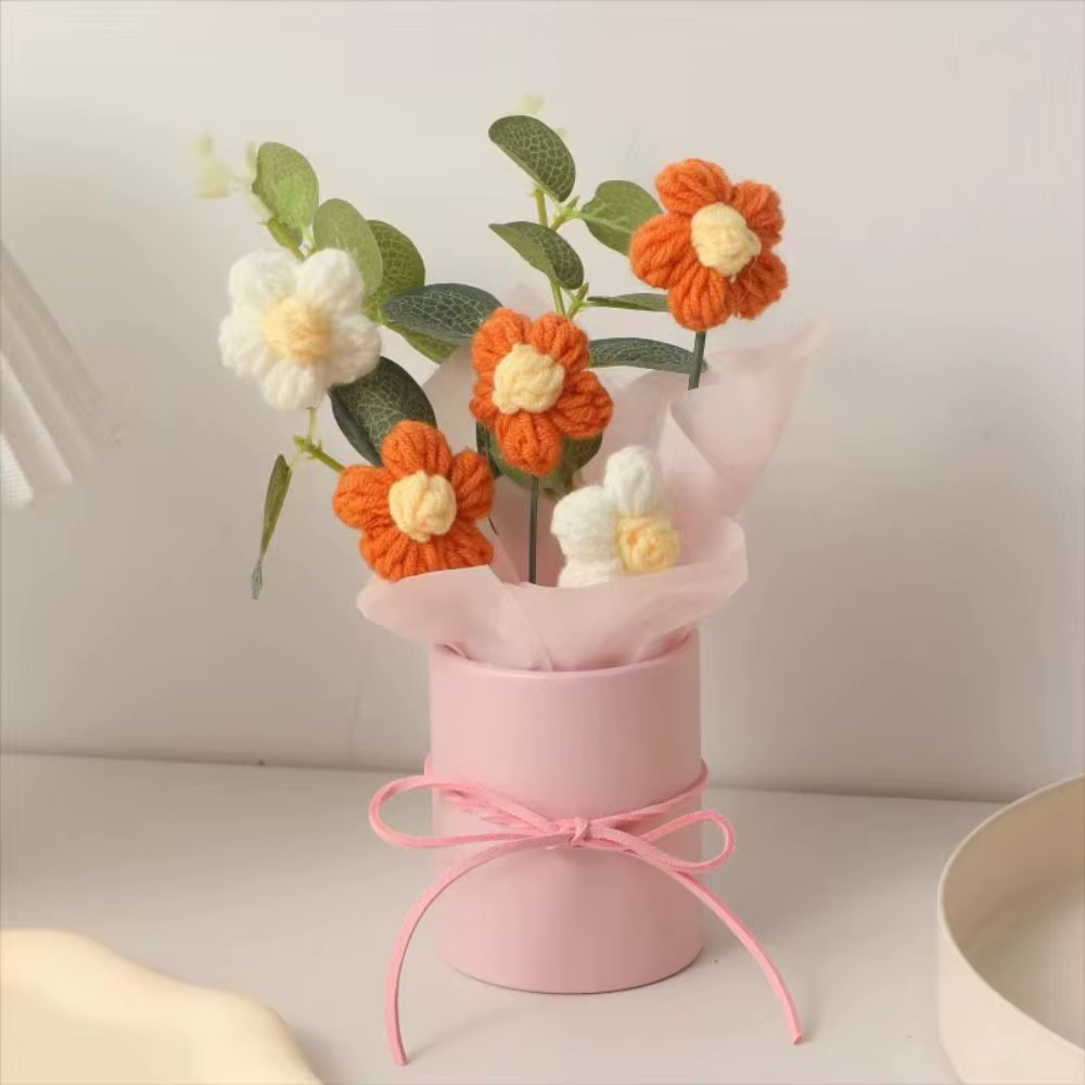 Fleurs au Crochet tricotées faites à la main avec seau