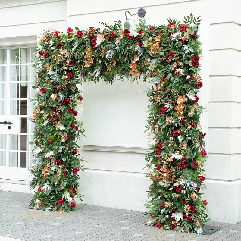 Série de noël Rose rouge vert tissu Base fleur rangée décor mariage toile de fond cadre événement fête scène Arrangement Floral H8777